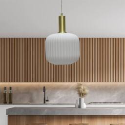 First Choice Lighting Set of 2 Bento - White Ribbed Glass Satin Brass Deco Pendant Fittings - thumbnail 4