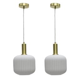First Choice Lighting Set of 2 Bento - White Ribbed Glass Satin Brass Deco Pendant Fittings - thumbnail 1