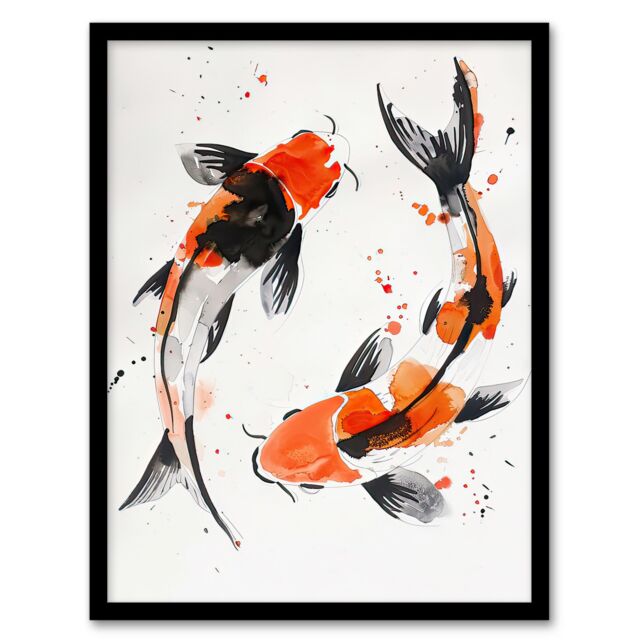 "Artery8 Two Japanese Koi Carp Fish Bright Watercolour Framed Wall Art in Orange - Size: W12"" x H16""" - image 1