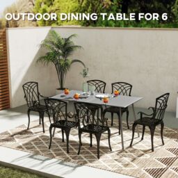 OUTSUNNY Garden Dining Table for 6 Person with Slat Top, Steel Frame, Grey - thumbnail 4