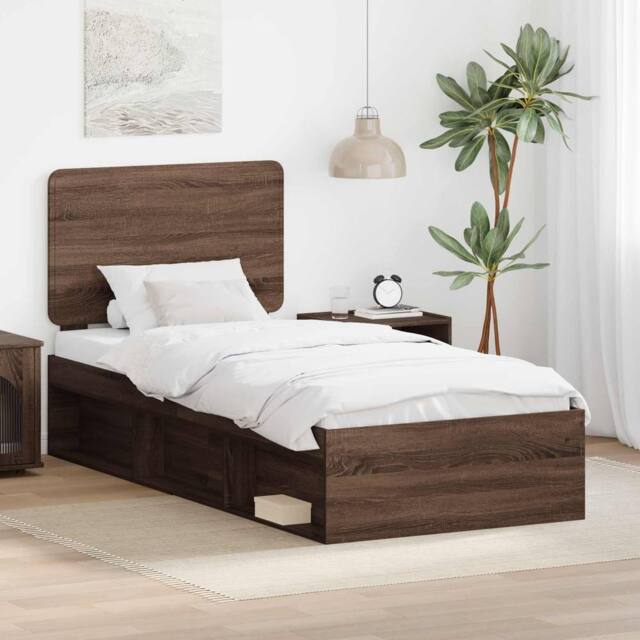 Berkfield Home Bed Frame with Headboard Brown Oak 90 x 190 cm Solid Pine Wood - image 1