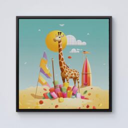 "Warren Reed - Designer A Giraffe On A Beach Holiday Framed Canvas in Black - Size: W30"" x H30""" - thumbnail 1