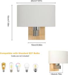 Goeco E27 Vintage Interior Wall Light, Glass Wood Wall Light, Oval Lampshade in White - thumbnail 3