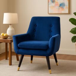 Orsina Stylish Midnight Velvet Armchair, Accent Chair With Slanted Wooden Legs, Modern Midnight Velvet Chair in Blue