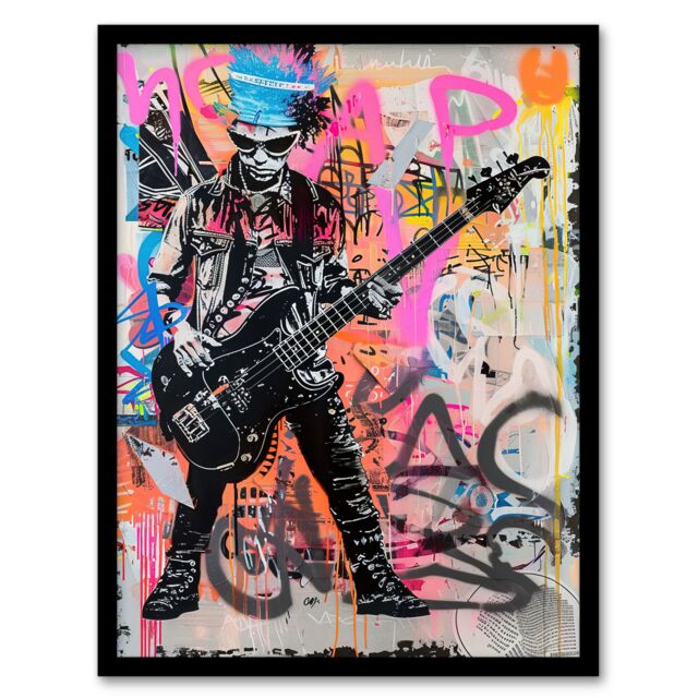 "Artery8 Punk Music Bass Guitarist Colourful Street Art Framed Art Print - Size: W12"" x H16""" - image 1