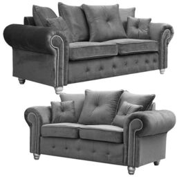 Furnishings For Less UK Zoey Grey Plush Velvet Fabric Sofa Suite 3 Seater & 2 Seater Chesterfield Design
