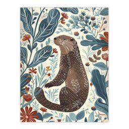 "Artery8 Cute Scandi Rustic Otter Botanical Flowers Wall Art Print in Blue - Size: W24"" x H32""" - thumbnail 1