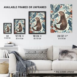 "Artery8 Cute Scandi Rustic Otter Botanical Flowers Wall Art Print in Blue - Size: W24"" x H32""" - thumbnail 3