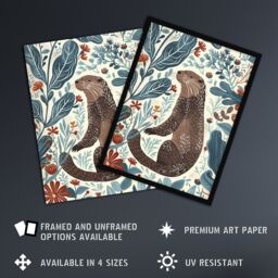 "Artery8 Cute Scandi Rustic Otter Botanical Flowers Wall Art Print in Blue - Size: W24"" x H32""" - thumbnail 2