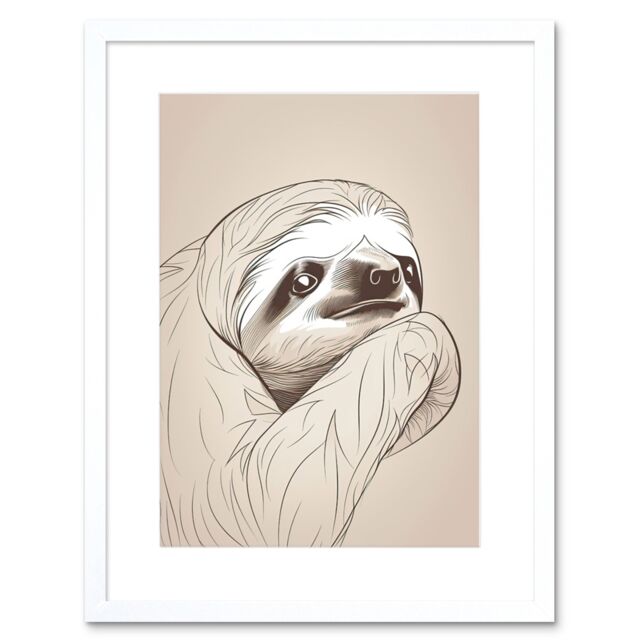 "Artery8 Wall Art Print Sloth Line Drawing with Highlights Artwork Framed 9X7 Inch in White - Size: W7"" x H9""" - image 1