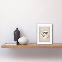 "Artery8 Wall Art Print Sloth Line Drawing with Highlights Artwork Framed 9X7 Inch in White - Size: W7"" x H9""" - thumbnail 2