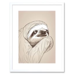 "Artery8 Wall Art Print Sloth Line Drawing with Highlights Artwork Framed 9X7 Inch in White - Size: W7"" x H9""" - thumbnail 1