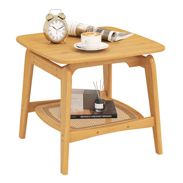 Gymax Boho Coffee Table Bamboo Sofa Side Bedside Table With Faux Rattan Shelf in Natural - image 1