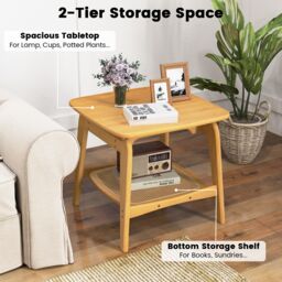 Gymax Boho Coffee Table Bamboo Sofa Side Bedside Table With Faux Rattan Shelf in Natural - thumbnail 2