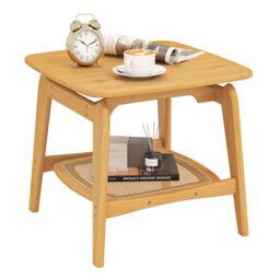 Gymax Boho Coffee Table Bamboo Sofa Side Bedside Table With Faux Rattan Shelf in Natural