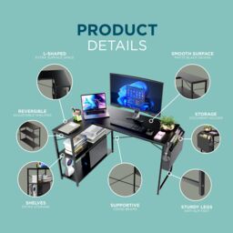 DMD Collective DeskMate Reversible L-Shaped Computer Desk with Storage Shelves, Gaming Desk, Office Desk in Black - thumbnail 6