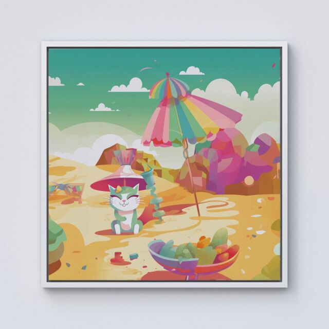 "Warren Reed - Designer Kitten On A Beach Holiday Framed Canvas in Off-White - Size: W30"" x H30""" - image 1