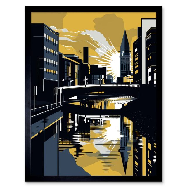 "Artery8 Wall Art Print Glasgow Scotland River Cityscape Sunrise Geometric Art Framed in Black - Size: W12"" x H16""" - image 1