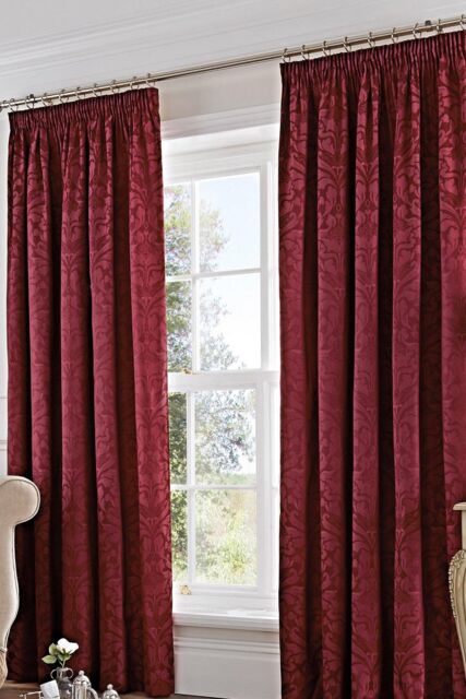 Dreams & Drapes 'Eastbourne' Damask Woven Jacquard Pair of Pencil Pleat Curtains in Burgundy - Size: 229 cm width x 183 cm drop - image 1
