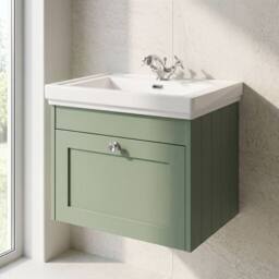 Balterley 600mm Wall Hung 1 Drawer Unit & Classic Basin 1 Tap Hole - Satin Green - thumbnail 6