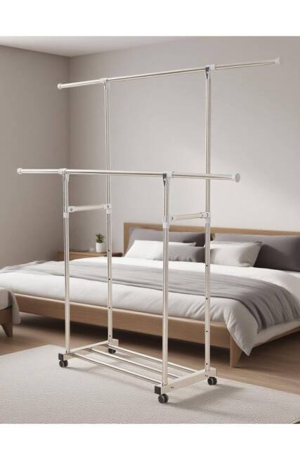 Living and Home Adjustable Stainless Steel 2-Rod Clothes Drying Rack Garment Rack with Wheels in Silver - image 1