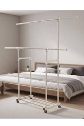 Living and Home Adjustable Stainless Steel 2-Rod Clothes Drying Rack Garment Rack with Wheels in Silver - thumbnail 1