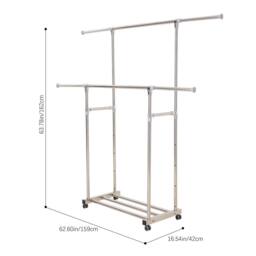 Living and Home Adjustable Stainless Steel 2-Rod Clothes Drying Rack Garment Rack with Wheels in Silver - thumbnail 5