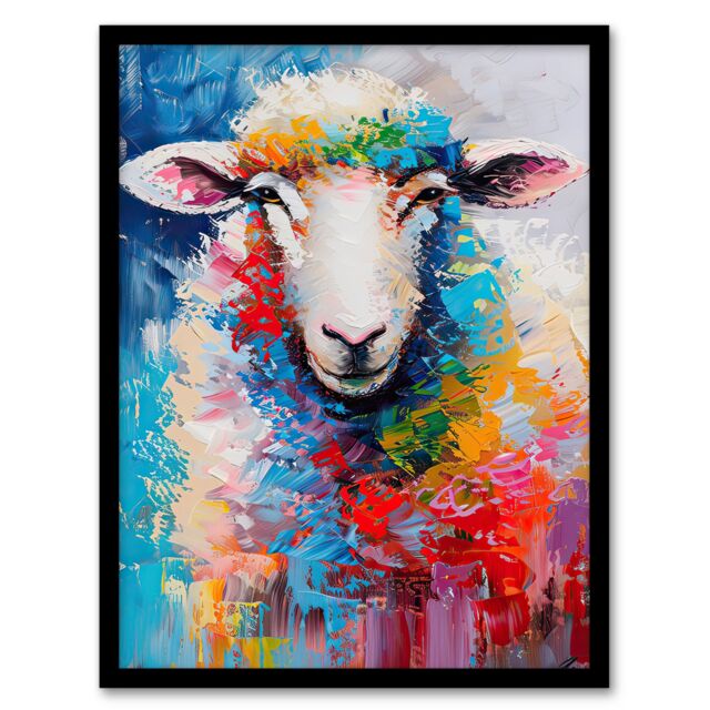 Artery8 Colourful Sheep Fun Animal Portrait Oil Painting Framed Art Print - Size: A4 - image 1