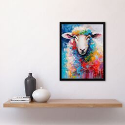 Artery8 Colourful Sheep Fun Animal Portrait Oil Painting Framed Art Print - Size: A4 - thumbnail 4