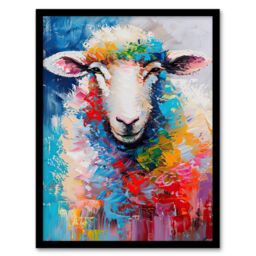Artery8 Colourful Sheep Fun Animal Portrait Oil Painting Framed Art Print - Size: A4 - thumbnail 1