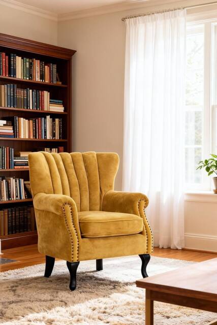Living and Home Elegant Chenille Armchair with Rubberwood Legs in Yellow - image 1