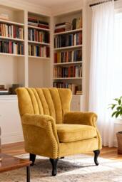 Living and Home Elegant Chenille Armchair with Rubberwood Legs in Yellow - thumbnail 2