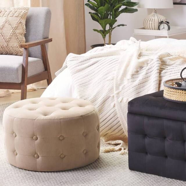 Wyld and Coco Beige Velvet Round Pouffe - Button Tufted Footstool - image 1