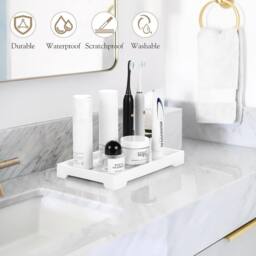 ATEK Bathroom Vanity Tray, Resin Dresser Jewelry Ring Dish Tank Storage Kitchen Sink Countertop Organiser Plate Holder for Candles Soap in White - thumbnail 5
