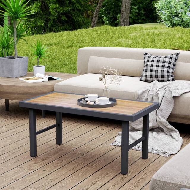 OUTSUNNY Garden Coffee Table with SPC Woodgrain Tabletop, Brown Wood Effect - image 1