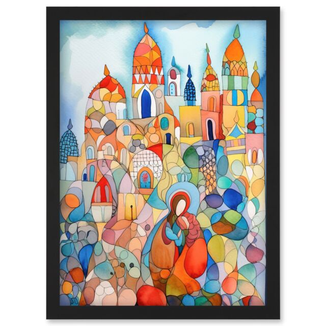 Artery8 Abstract Moroccan Cityscape Folk Art Artwork Framed Wall Art Print A4 in Black - image 1