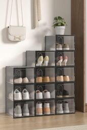 H&O Direct 12 Pack Plastic Shoe Storage Box in Black - thumbnail 1