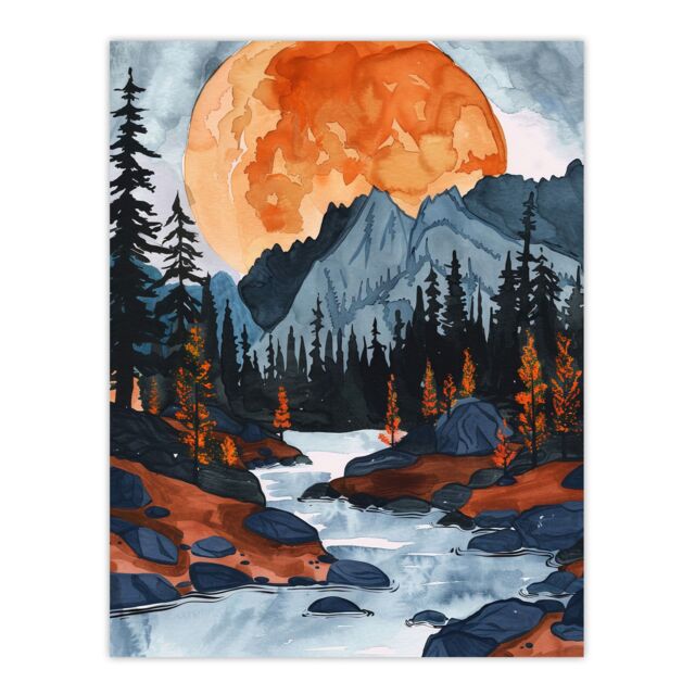 "Artery8 Orange Harvest Moon Over Rocky Mountains Forest Wall Art Print - Size: W24"" x H32""" - image 1