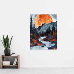 "Artery8 Orange Harvest Moon Over Rocky Mountains Forest Wall Art Print - Size: W24"" x H32""" - thumbnail 4