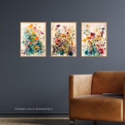 "Artery8 Wall Art Print Set of 3 Wildflowers Colourful Watercolour Floral Artworks Spring Flower Field Living Room Poster s Pack - Size: W12"" x H16""" - thumbnail 2
