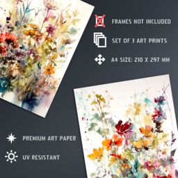 "Artery8 Wall Art Print Set of 3 Wildflowers Colourful Watercolour Floral Artworks Spring Flower Field Living Room Poster s Pack - Size: W12"" x H16""" - thumbnail 4