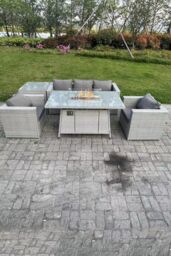 Fimous Corner Rattan Garden Furniture Set Gas Fire Pit Dining Set Heater Lounge Sofa SideTable in Light Grey - thumbnail 3