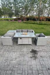 Fimous Corner Rattan Garden Furniture Set Gas Fire Pit Dining Set Heater Lounge Sofa SideTable in Light Grey - thumbnail 1