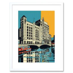 "Artery8 Wall Art Print Leeds City Waterfront Modern Linocut Artwork Framed 9X7 Inch in White - Size: W7"" x H9""" - thumbnail 1