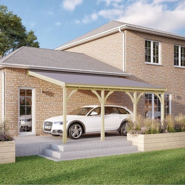 Rutland County Garden Furniture Ltd Felt Shingle Roof Car Port 4 Post, Wood, L250 x W722 cm - Rustic Brown in Light Green - image 1