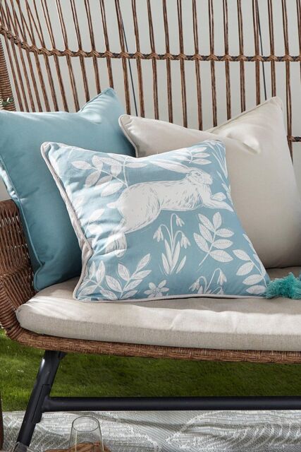 Dreams & Drapes 'Spring Rabbit' Outdoor Water & UV Resistant Garden Filled Bench Cushion in Duck Egg Blue - Size: 43 cm x 43 cm - image 1