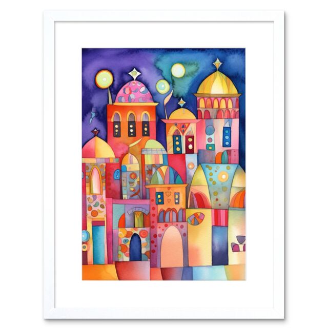 "Artery8 Wall Art Print Brightly Decorated Buildings At Night Folk Art Watercolour Painting Artwork Framed 9X7 Inch in White - Size: W7"" x H9""" - image 1