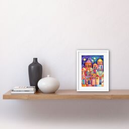 "Artery8 Wall Art Print Brightly Decorated Buildings At Night Folk Art Watercolour Painting Artwork Framed 9X7 Inch in White - Size: W7"" x H9""" - thumbnail 2