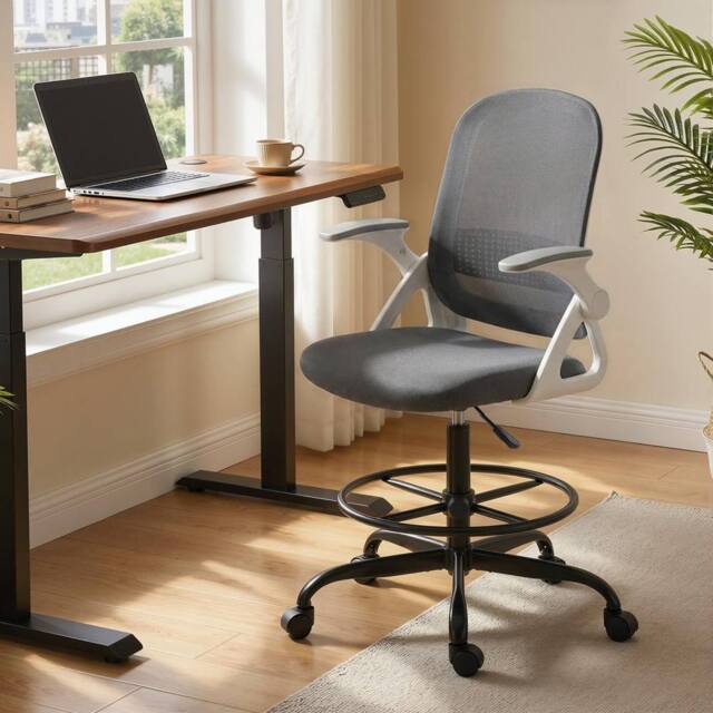 HOMCOM Mesh Painting Chair, Rolling Desk Chair with Flip-up Armrests, Grey - Size: Armchair - image 1