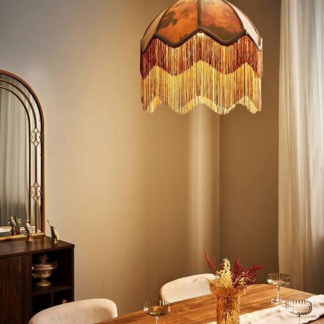 Wyld and Coco Nostalgia Pendant Lamp Beige Paper Rope Fringed Tassels 182cm - image 1